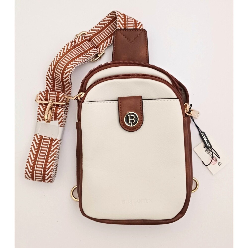 NWT Bostanten Small Trendy Sling Crossbody Chest Bag Brown/Cream Faux Leather